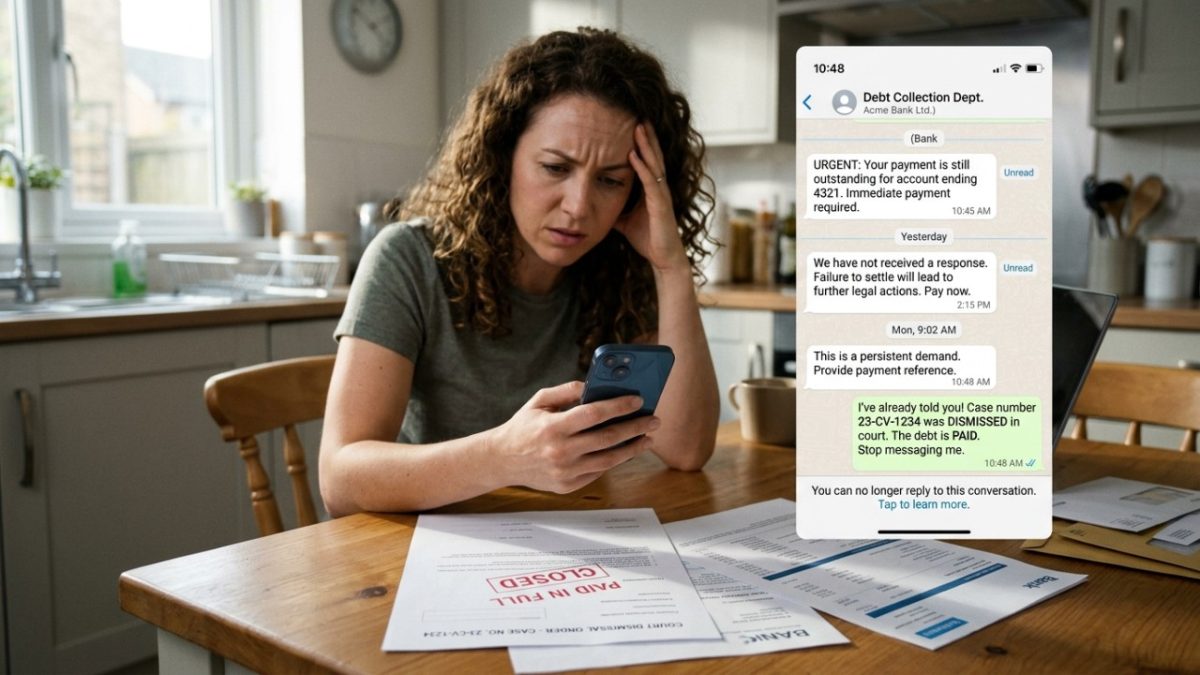 Banco continua cobrando pelo WhatsApp uma dívida que o cliente afirma já ter quitado, mesmo depois de uma ação judicial de cobrança ser encerrada; mensagens insistentes sem respaldo contratual podem terminar em indenização