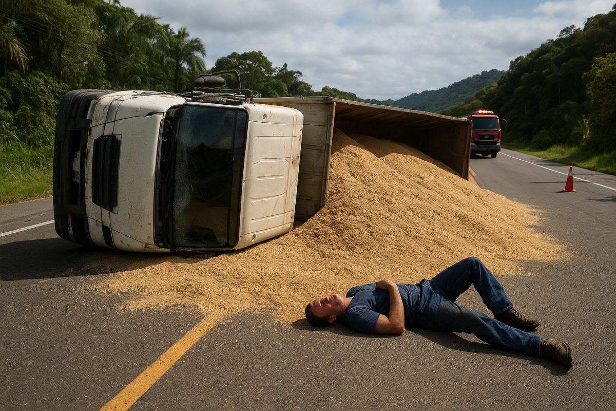 Caminhão carregado com farelo de soja tomba na BR-277 e bloqueia trecho em Morretes; motorista ficou ferido