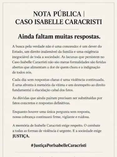 Caso Isabelle Caracristi: família contesta laudo policial e exige respostas
