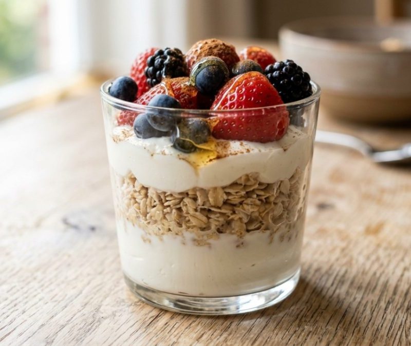 Café da manhã proteico pronto em dez minutos com aveia e frutas