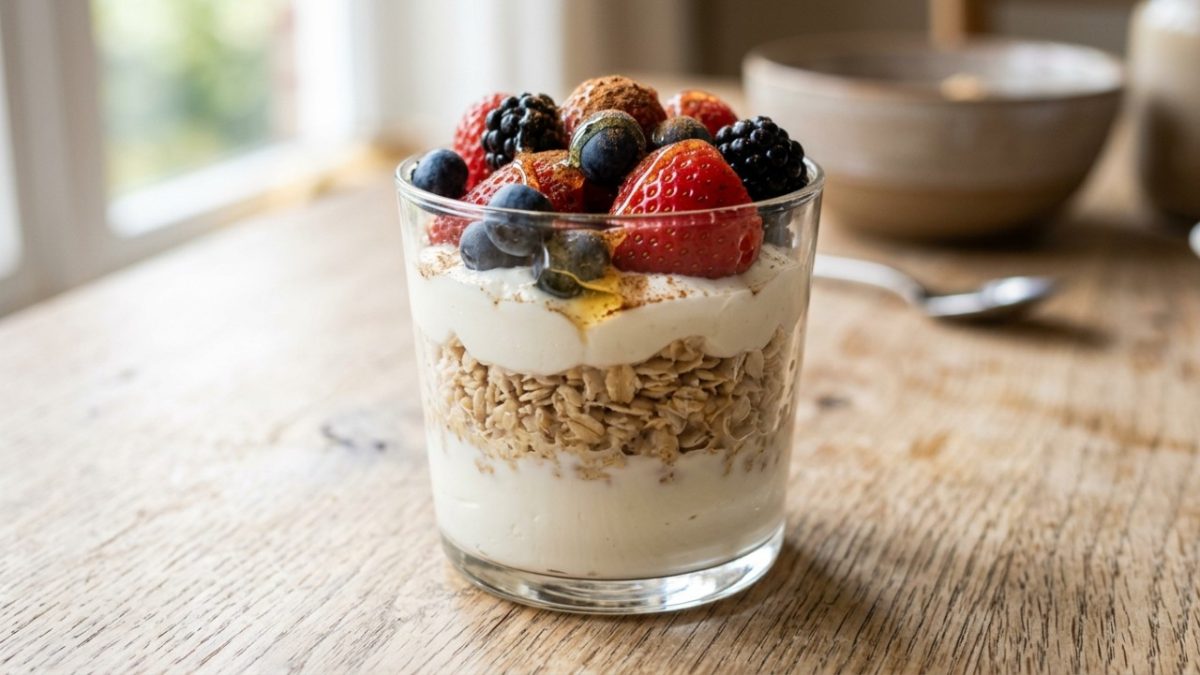 Frutas vermelhas, aveia e iogurte grego em camadas: esse café da manhã fica pronto em 10 minutos e entrega 16 gramas de proteína e 6 gramas de fibras por porção