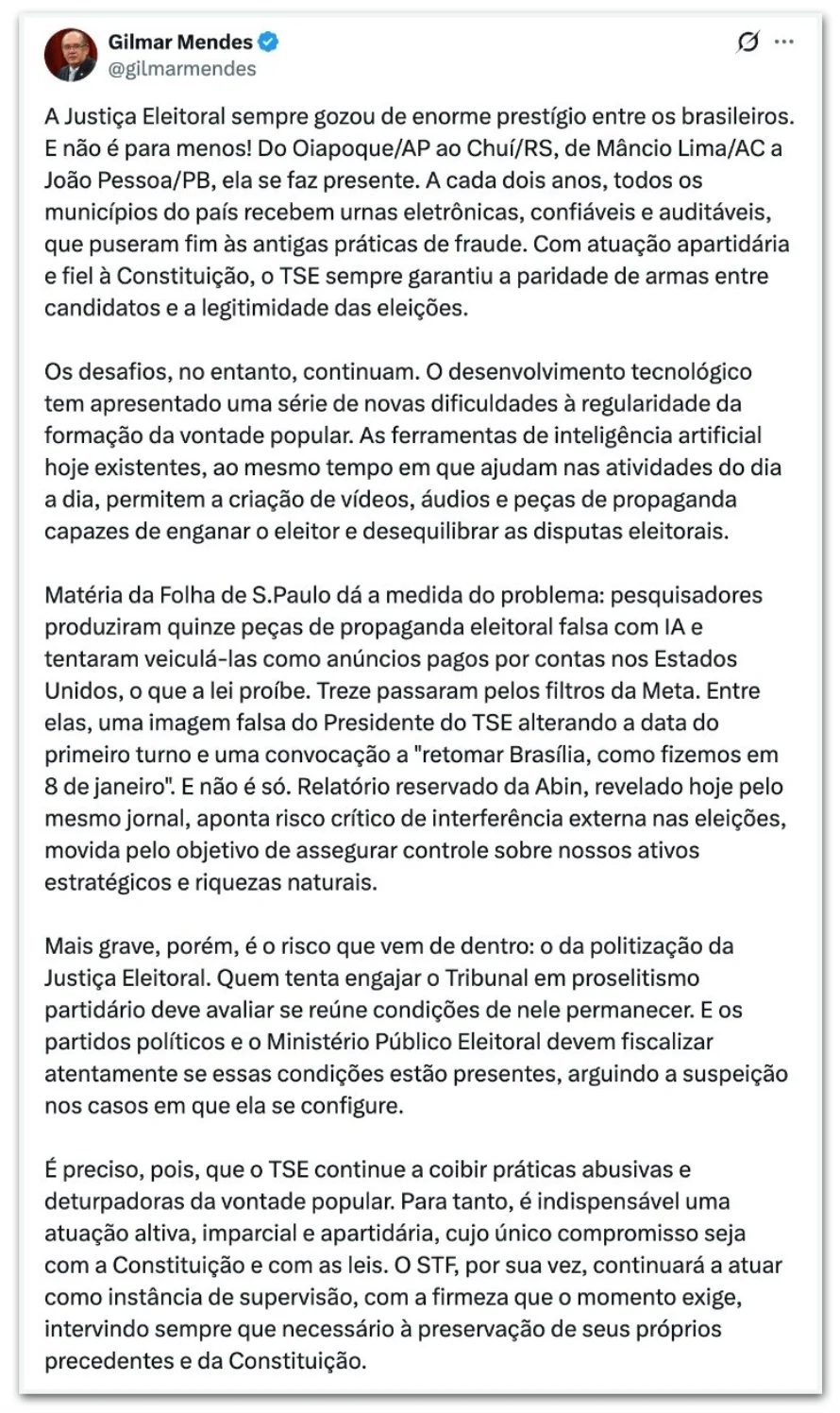 Gilmar sugere que integrantes do TSE devam ser afastados