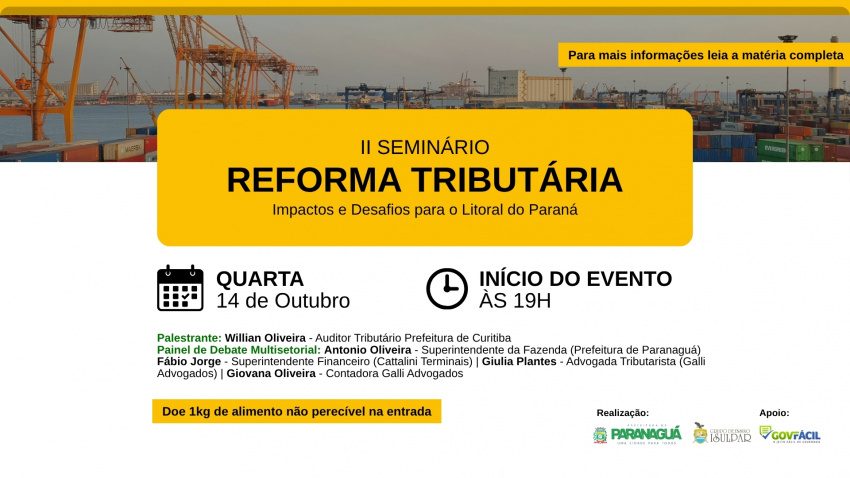 Inscrições abertas para seminário sobre a Reforma Tributária em Paranaguá
