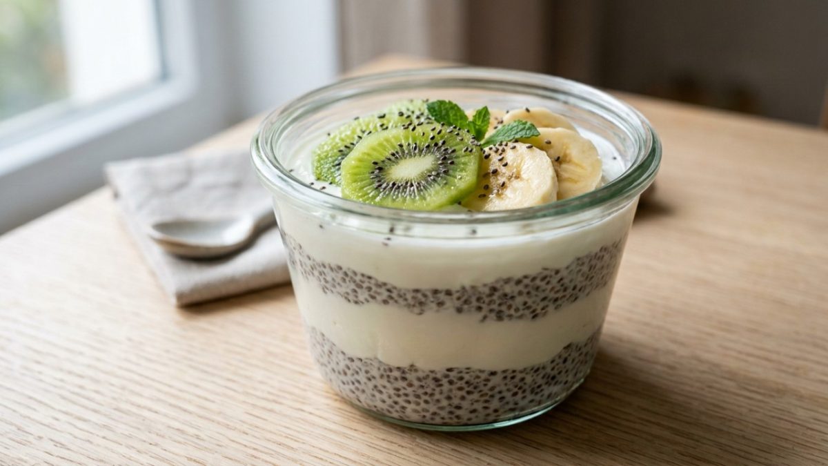 Iogurte natural, sementes de chia e frutas em um único pote: essa combinação preparada na noite anterior cria um café da manhã cremoso com proteínas, fibras e praticidade para a rotina