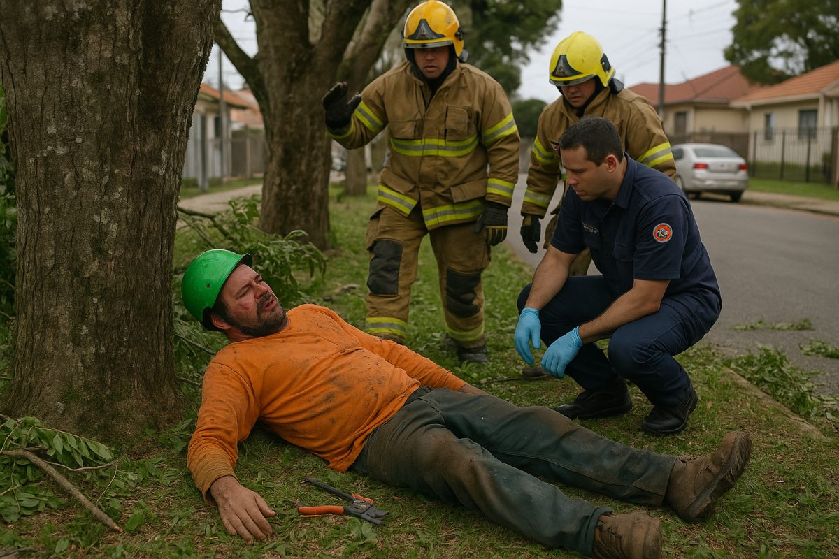 Jardineiro sofre grave acidente ao podar árvore em Curitiba