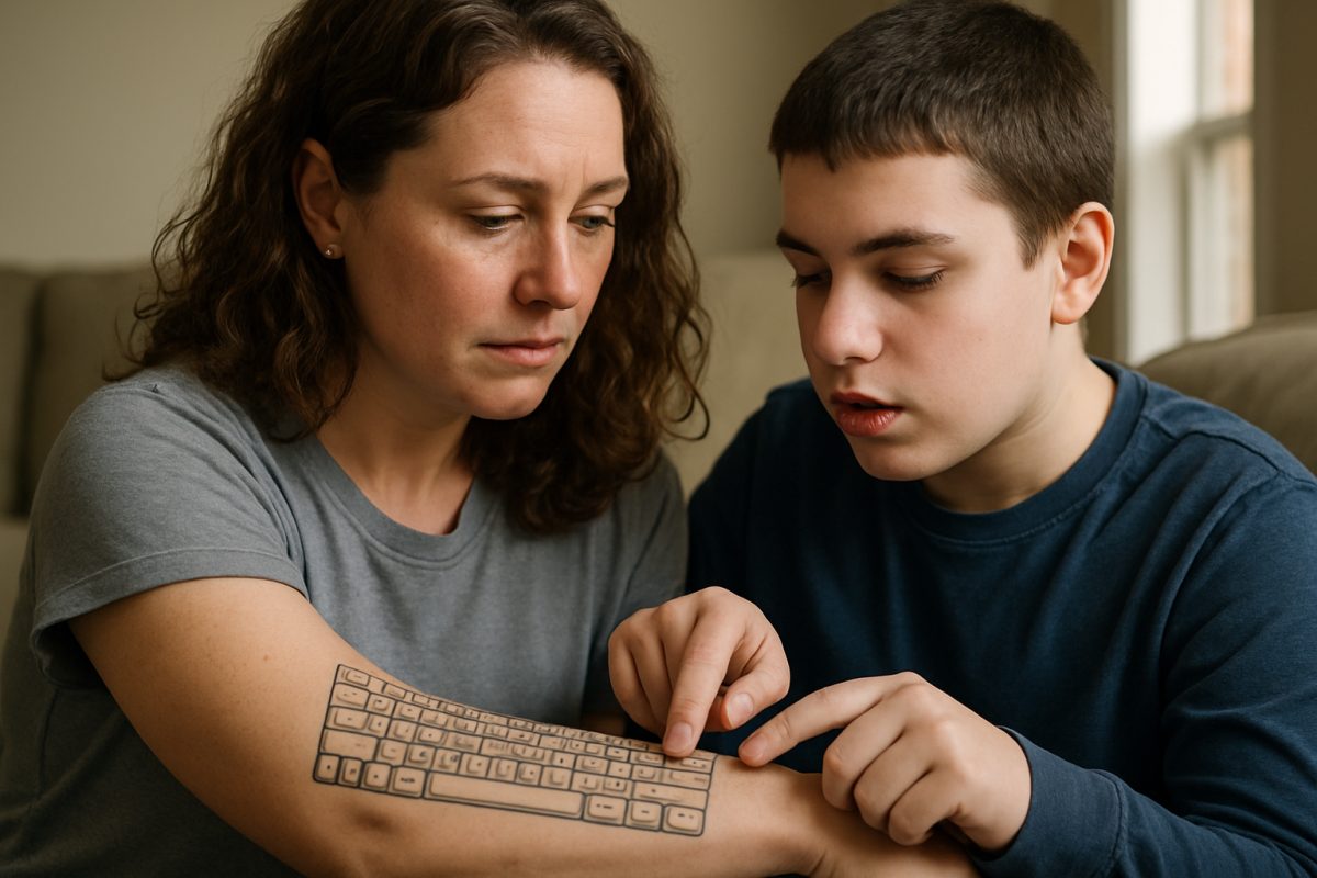 Mãe tatua teclado no braço para facilitar comunicação de filho autista