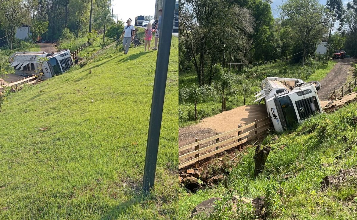 Manobra de emergência: caminhão com ração tomba ao evitar colisão frontal no Paraná