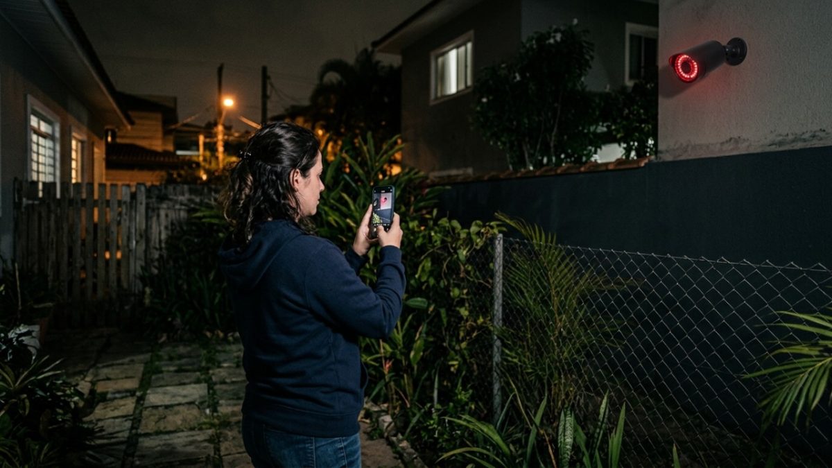 Moradora percebeu que a câmera instalada pelo vizinho não apontava apenas para a rua, começou a mudar a rotina no próprio quintal e decidiu procurar ajuda quando descobriu até onde as imagens podiam alcançar