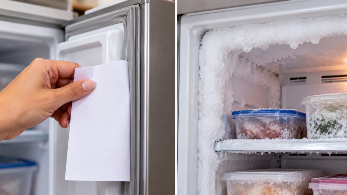 O excesso de gelo no freezer pode começar numa borracha que não veda direito, e uma folha de papel ajuda a localizar o trecho frouxo