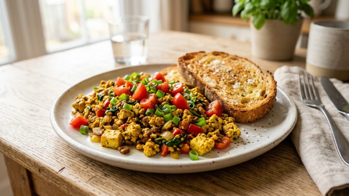Sem ovo, mas com aparência de mexido: tofu amassado, cúrcuma e legumes viram um café da manhã rápido feito em uma única frigideira