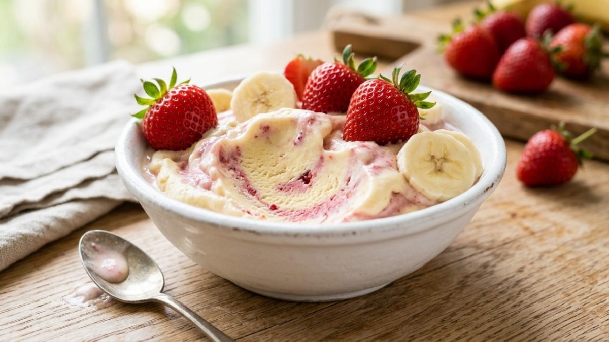 Só banana e morango congelados: bata as duas frutas no processador e faça um “sorvete” cremoso sem leite, creme de leite ou açúcar adicionado