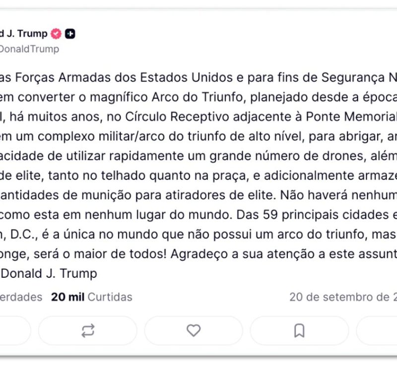 Trump planeja transformar monumento militar em Washington