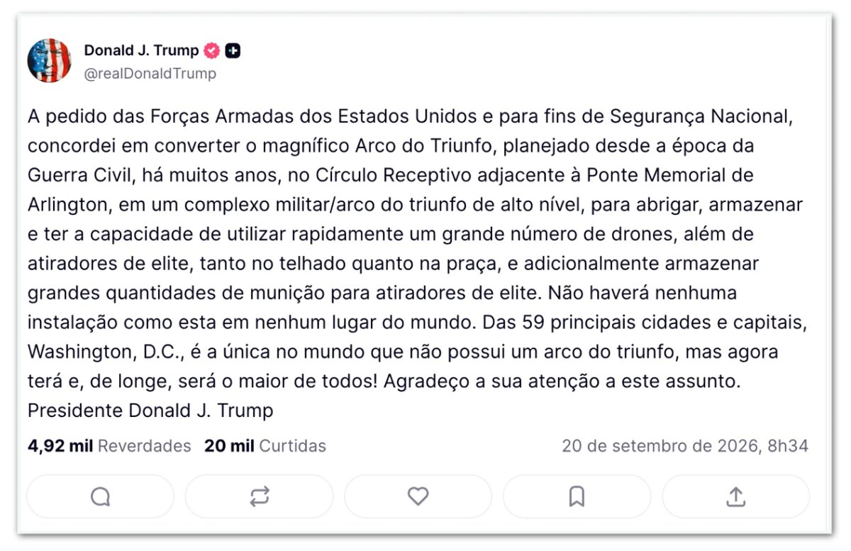 Trump quer transformar “Arco do Triunfo” de Washington em base militar