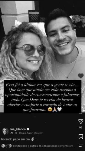 Arthur Aguiar descobre morte de Lua Blanco em live e homenageia atriz