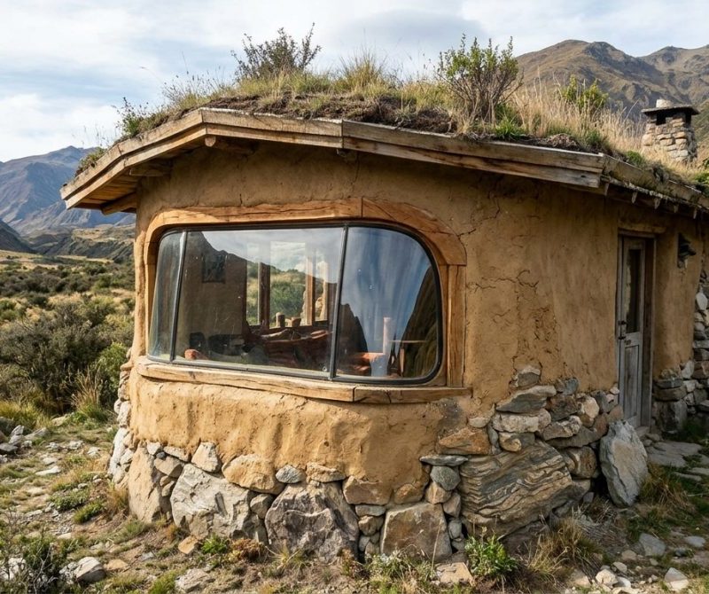 Artista de 38 anos construiu uma casa de terra na Argentina usando 12 para-brisas de carros doados e descobriu que seus 2 hexágonos formam um coração visto de cima