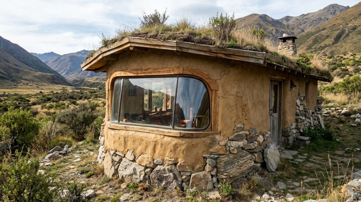 Artista de 38 anos construiu uma casa de terra na Argentina usando 12 para-brisas de carros doados e descobriu que seus 2 hexágonos formam um coração visto de cima