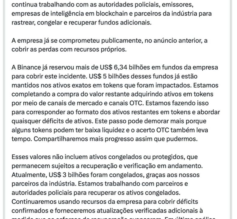 Binance inicia recuperação de US$ 6,3 bi após invasão cibernética