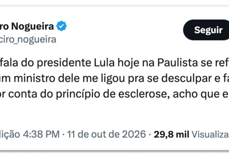 Ciro Nogueira diz que ministro culpou Lula por esclerose após ofensa