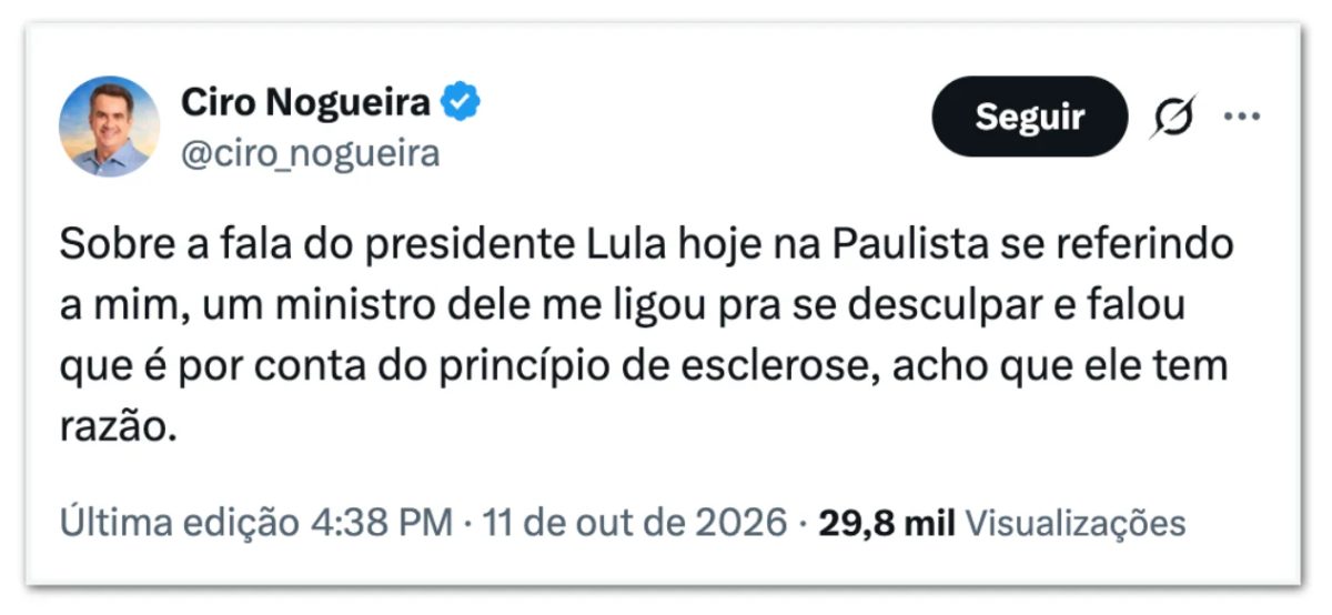 Ciro Nogueira sugere que Lula tem “princípio de esclerose”