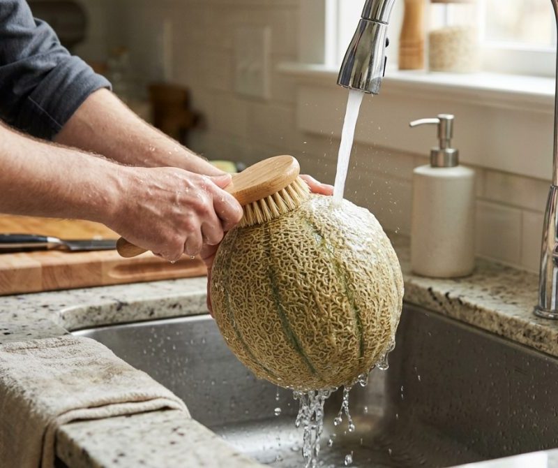 Cortar o melão sem lavar a casca parece inofensivo porque ela não será comida, mas a faca pode levar microrganismos da superfície para a polpa: a FDA recomenda lavar e esfregar a fruta antes do corte