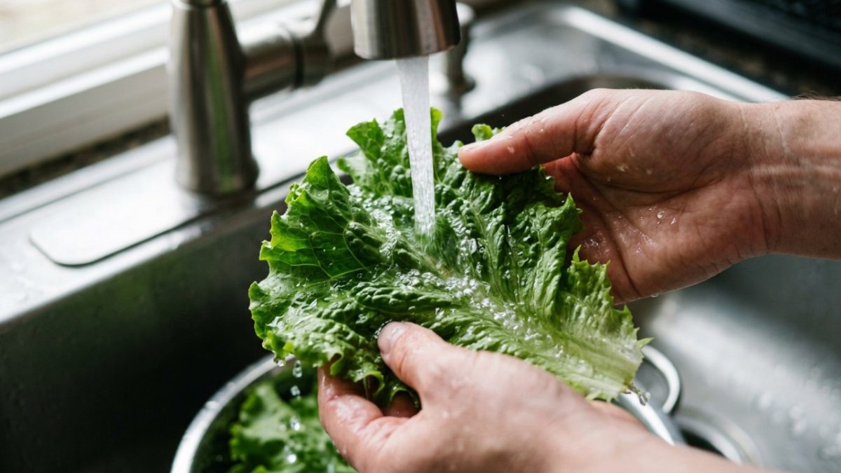 Deixar alface e outras folhas de molho na pia parece uma lavagem mais completa, mas no Canadá a recomendação é usar água corrente: a água acumulada na cuba pode transferir bactérias para os vegetais