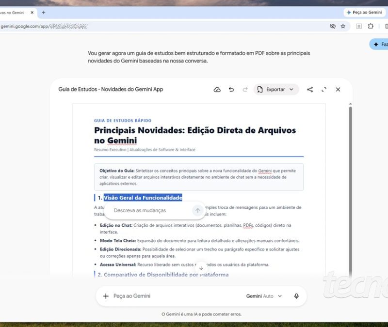 Gemini ganha recurso para editar PDFs e documentos sem sair da tela
