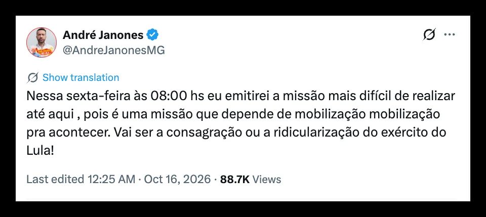 Janones convoca Exército do Lula a postar foto de verde e amarelo