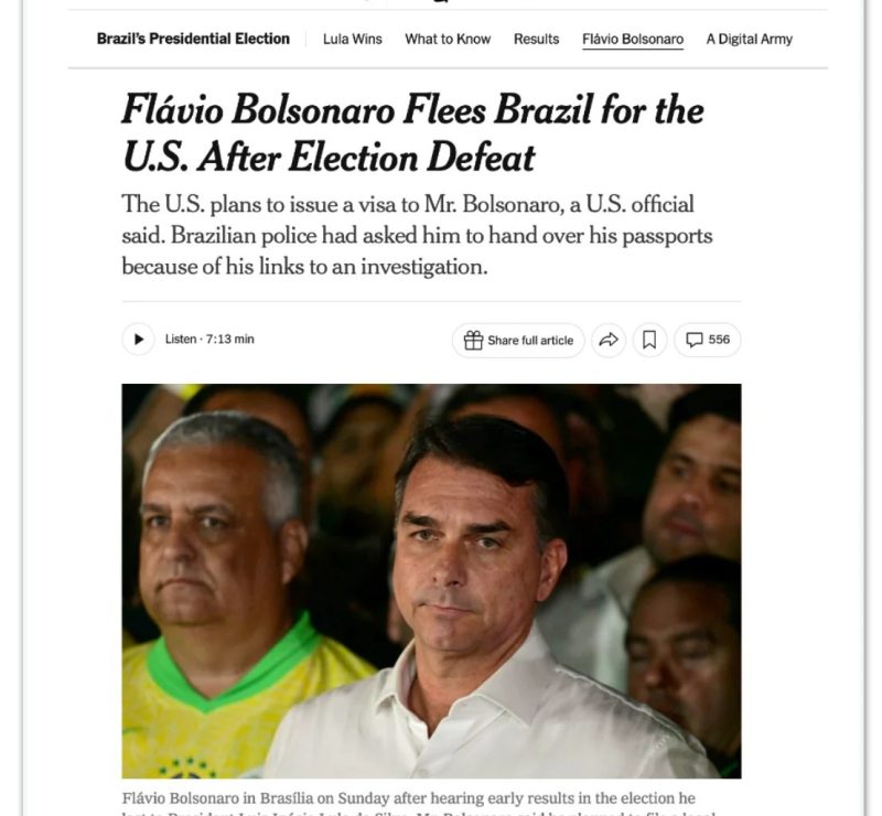 Imprensa internacional repercute viagem de Flávio Bolsonaro aos Estados Unidos após derrota eleitoral
