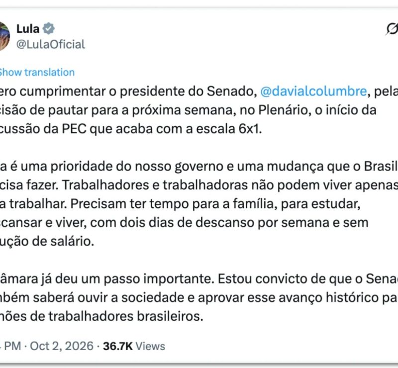 Lula cobra Senado pela aprovação do fim da jornada 6 por 1