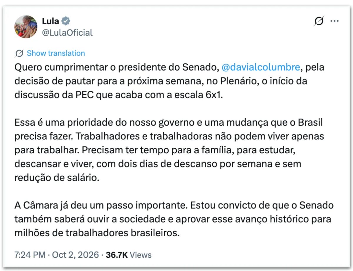 Lula cobra Senado por fim da escala 6 X 1: “Brasil precisa fazer”