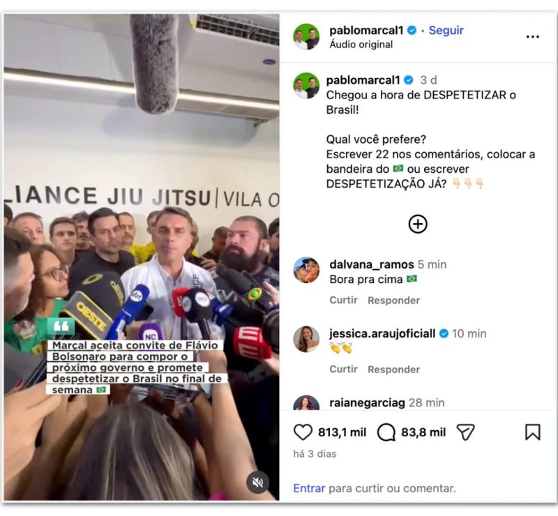 Pablo Marçal supera Flávio Bolsonaro em engajamento após apoio político