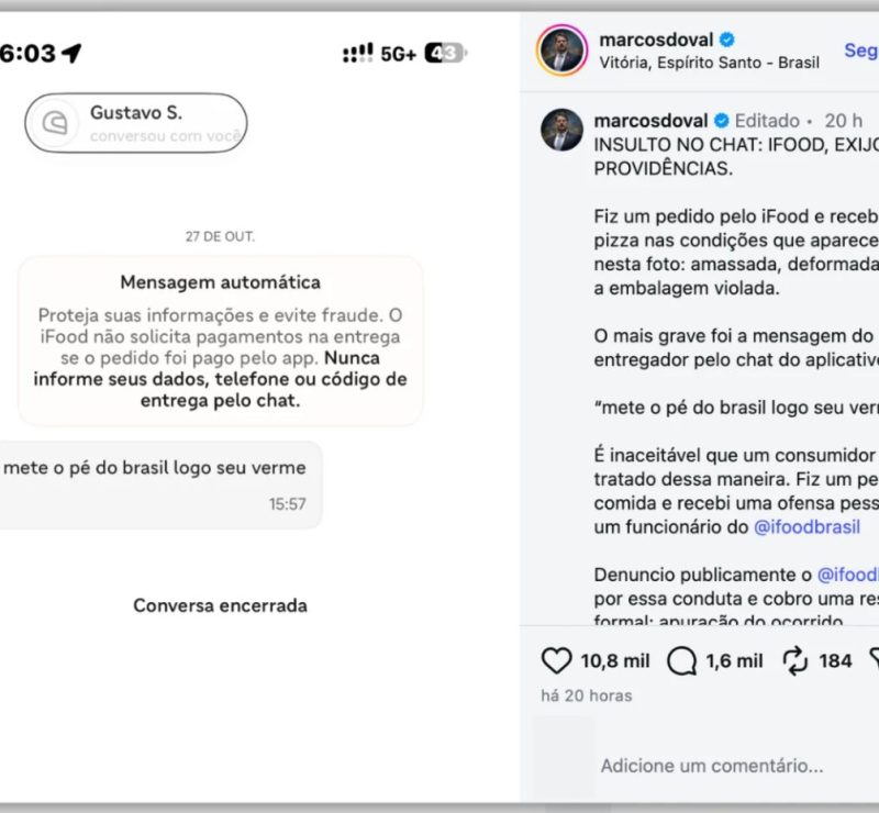 Senador Marcos do Val relata ofensas e pizza violada por entregador do iFood