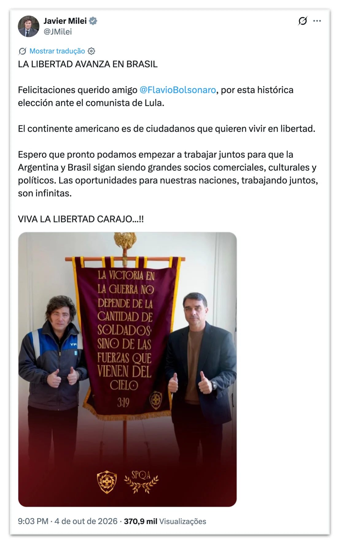 Milei dá parabéns a Flávio e diz que “liberdade avança no Brasil”