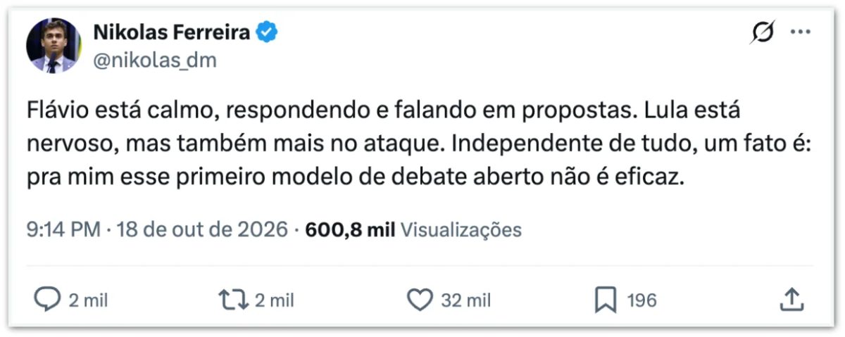 Nikolas critica modelo de debate da “Band”: “Não é eficaz”