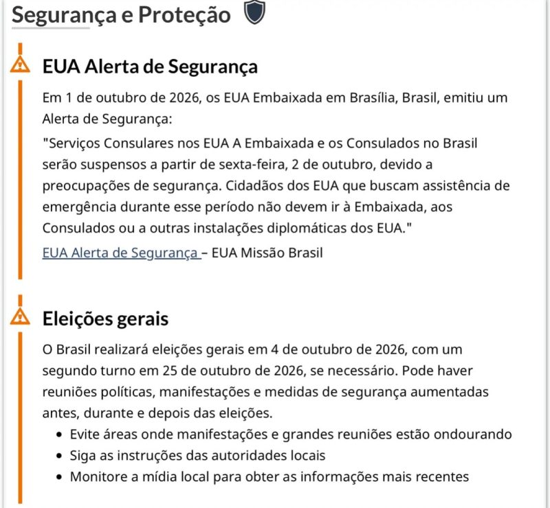 Governos estrangeiros emitem alertas de viagem devido às eleições no Brasil