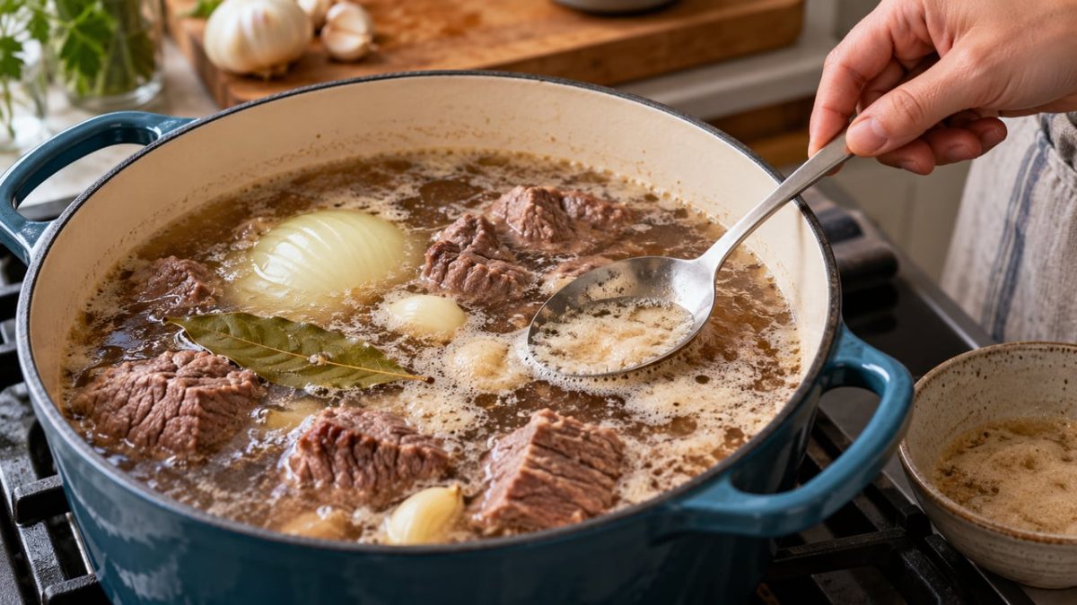 Para que o caldo do cozido esteja mais saboroso e não tenha gosto de ranço, despeje sempre a água da primeira fervura.