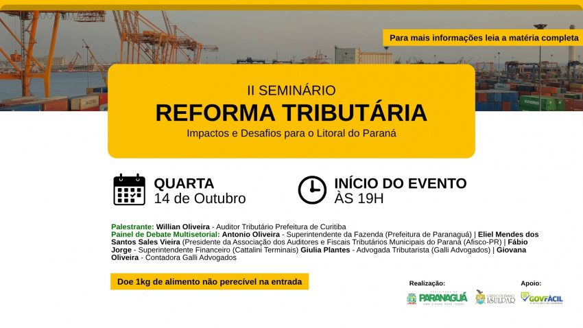 Paranaguá promove nesta quarta-feira seminário sobre os impactos da Reforma Tributária