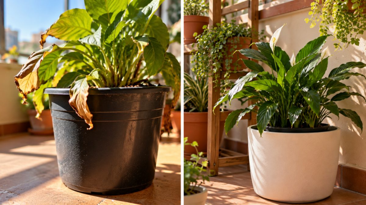 Plantas em vasos pretos expostos ao sol podem aquecer as raízes muito mais do que o ar ao redor, especialmente em varandas sem sombra