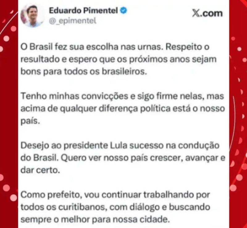Prefeito de Curitiba se manifesta sobre vitória de lula na eleição