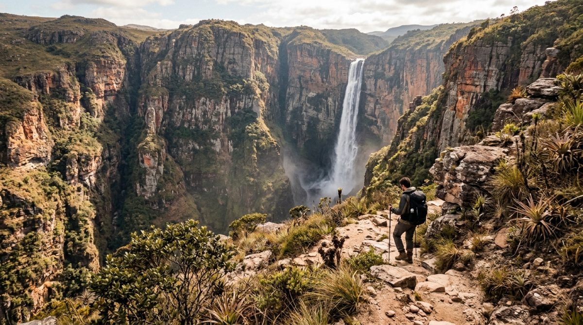 Quase 300 quilômetros de trilhas atravessam três biomas e levam a 33 cachoeiras: o parque baiano de 152 mil hectares onde a Cachoeira da Fumaça despenca entre os paredões da Chapada Diamantina.