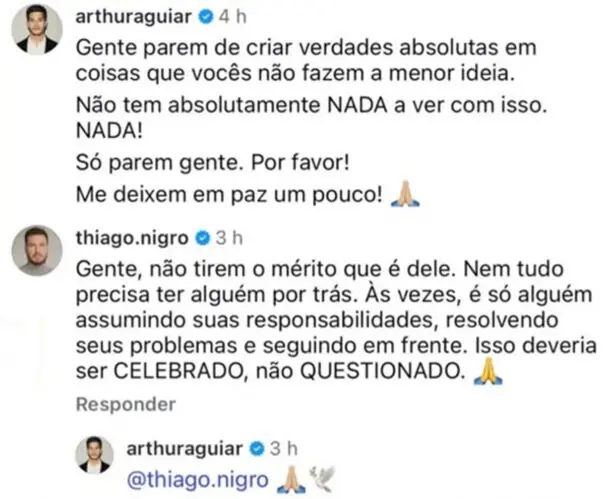 Thiago Nigro sai em defesa de Arthur Aguiar após boatos sobre dívida