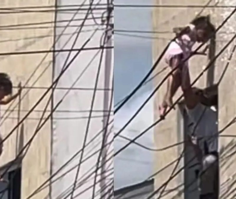Vídeo: Criança cai de janela, fica pendurada em fiação elétrica e é resgatada por policial em AL Criança cai de janela, fica pendurada em fios elétricos e é resgatada por policial em AL (Foto: Reprodução/ g1)