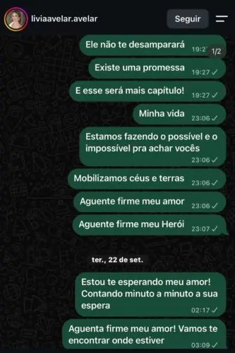 Lívia Avelar divulga últimas mensagens enviadas a Bruno Avelar antes de tragédia
